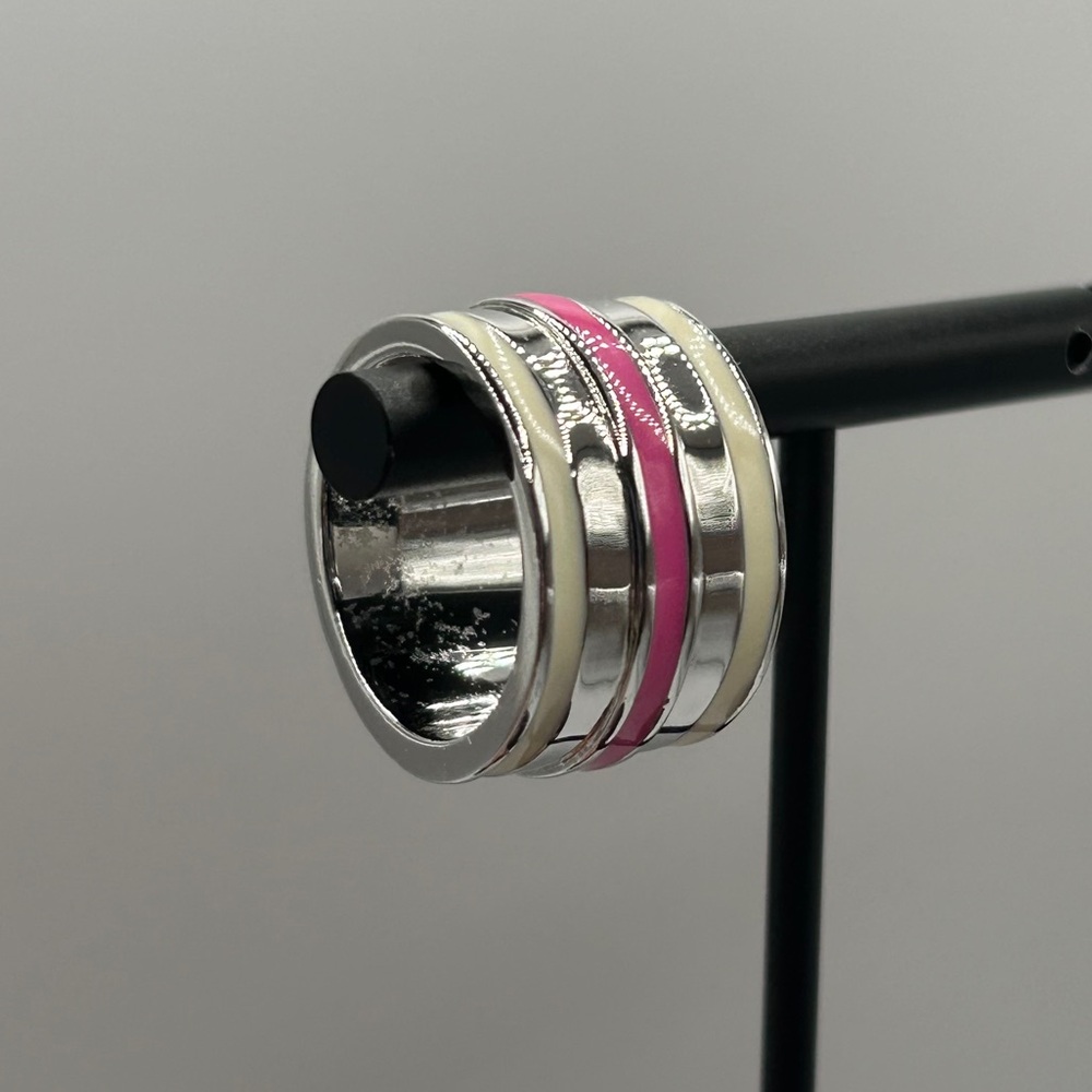 Lia Sophia Silver With Pink - White Enamel Wide Band Ring